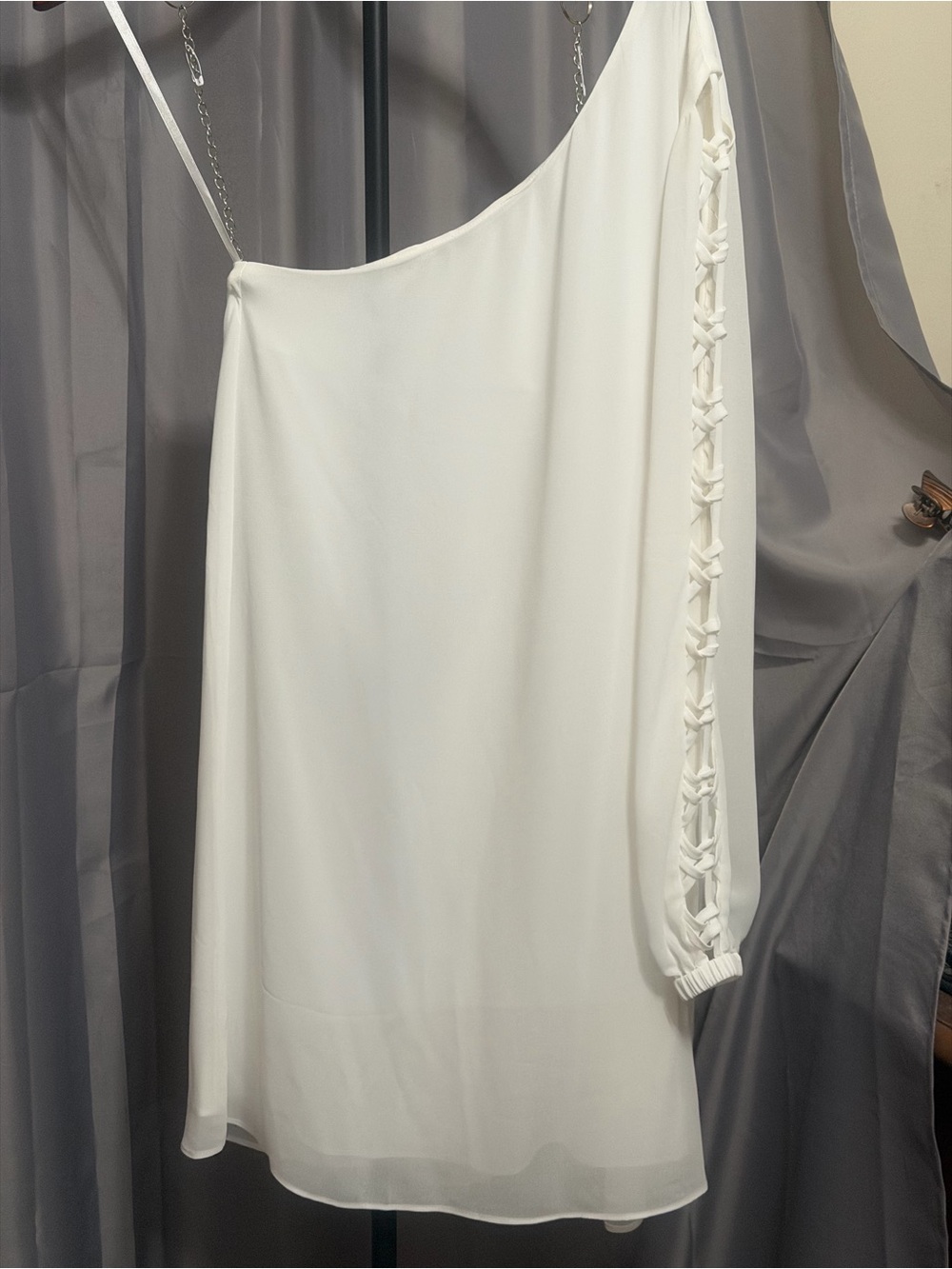 Naked Zebra White One-Shoulder Long Sleeve Dress with Braided Detail